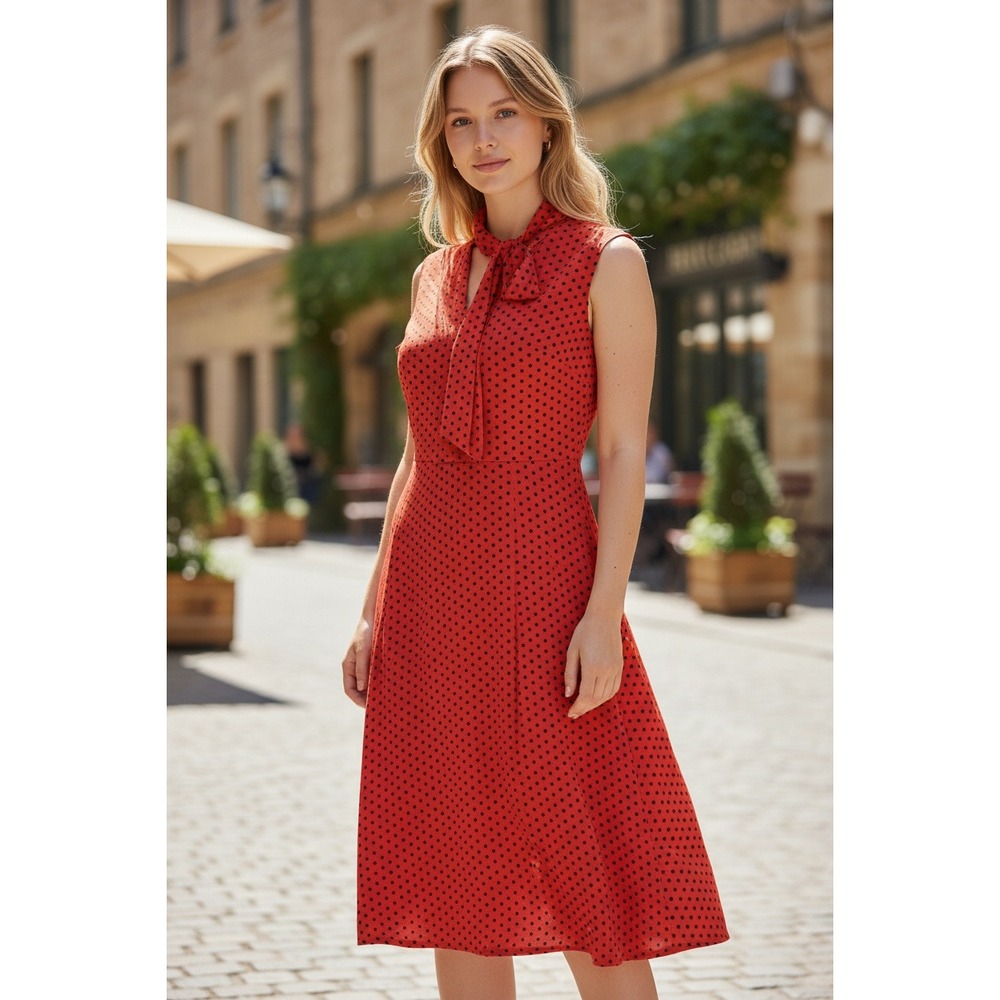 Milly Red Polka Dot Scarf Midi Dress Sleeveless Fit Flare 100% Silk Size 12 USA